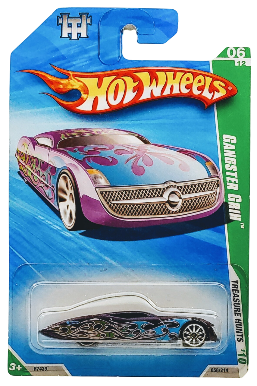 Hot Wheels 2010 - Collector # 058/214 - Treasure Hunts 6/12 - Gangster Grin - Purple Metalflake with Flames - 10 Spoke Wheels - International Card