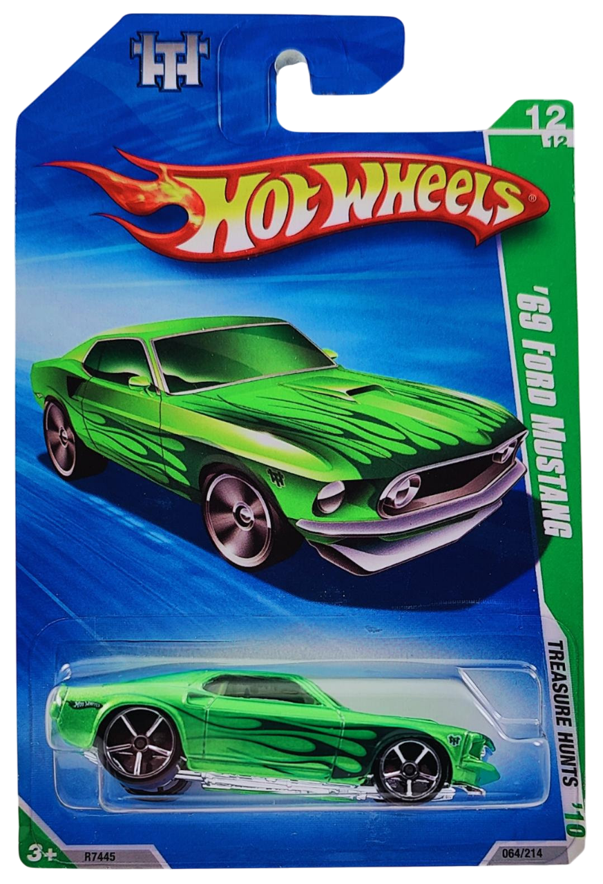 Hot Wheels 2010 - Collector # 064/214 - Treasure Hunts 12/12 - '69 Ford Mustang - Lime Green & Flames - International Card