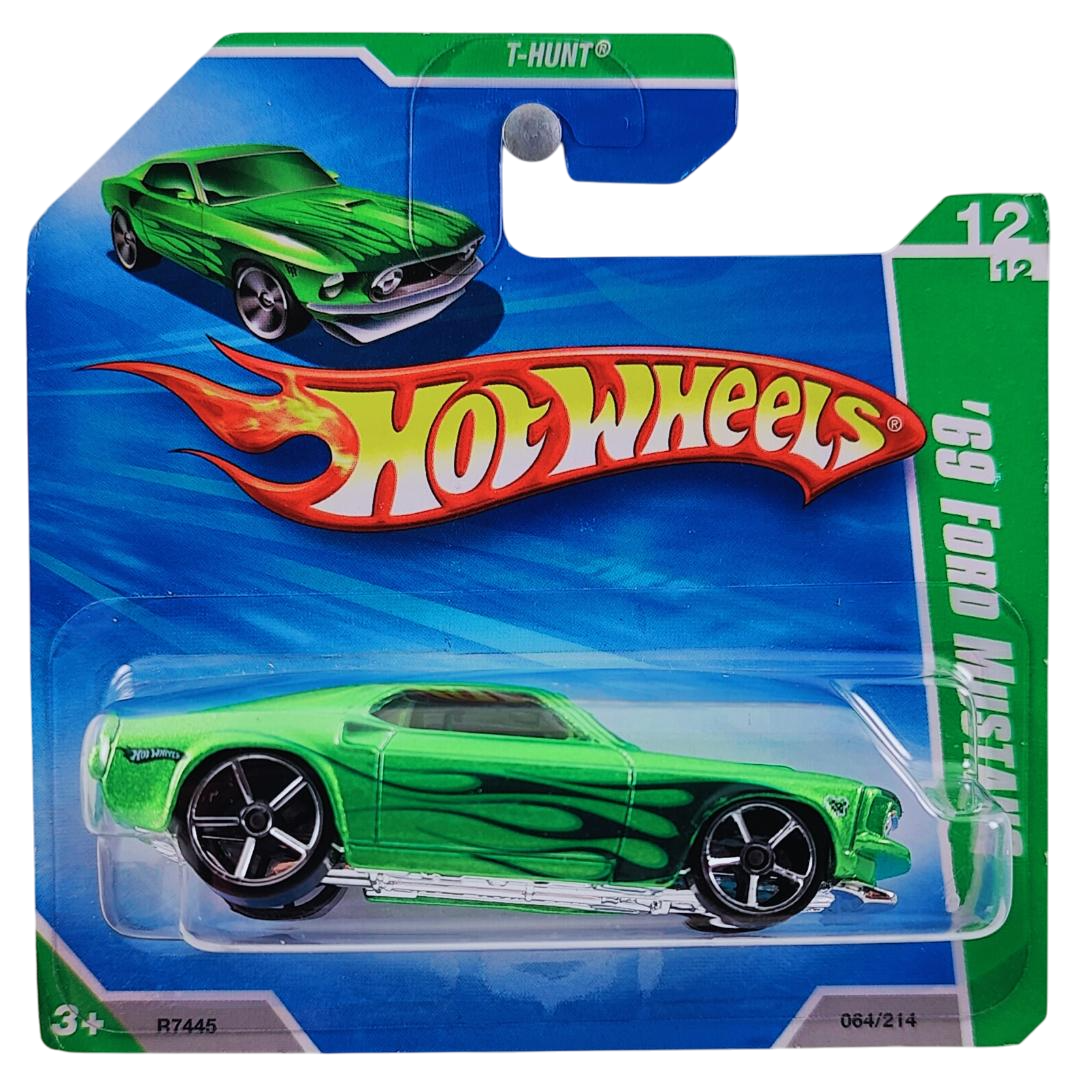 Hot Wheels 2010 - Collector # 064/214 - Treasure Hunts 12/12 - '69 Ford Mustang - Lime Green & Flames - International Short Card