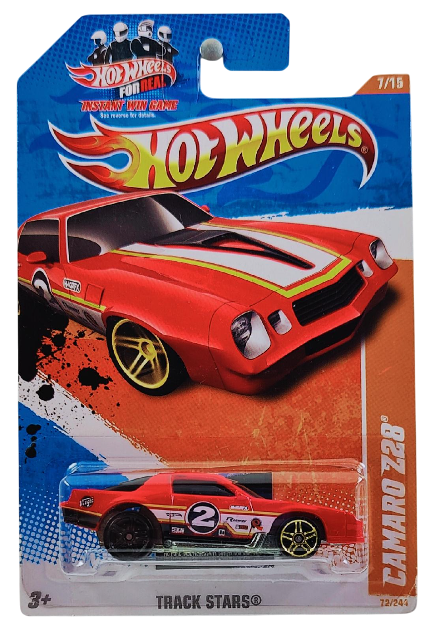 Hot Wheels 2011 - Collector # 072/244 - Track Stars 07/15 - Camaro Z28 - Red - USA 'Instant Win' Card - ERROR! Rear Wheel is Black