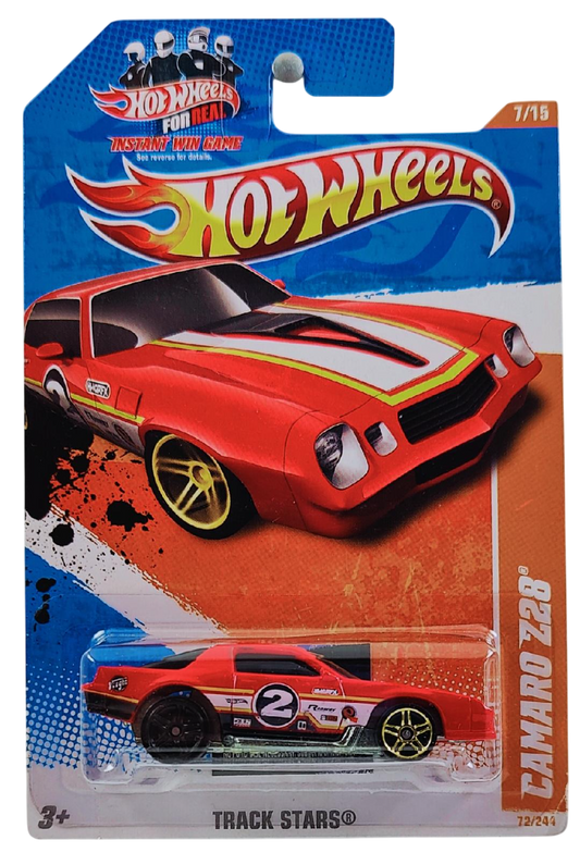 Hot Wheels 2011 - Collector # 072/244 - Track Stars 07/15 - Camaro Z28 - Red - USA 'Instant Win' Card - ERROR! Rear Wheel is Black