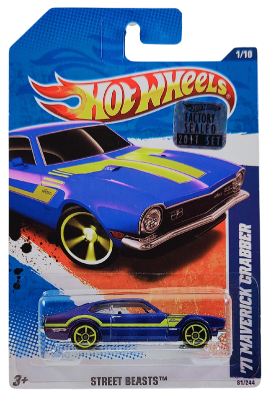 Hot Wheels 2011 - Collector # 081/244 - Street Beasts 1/10 - '71 Maverick Grabber - Blue - USA Card with Factory Set Sticker