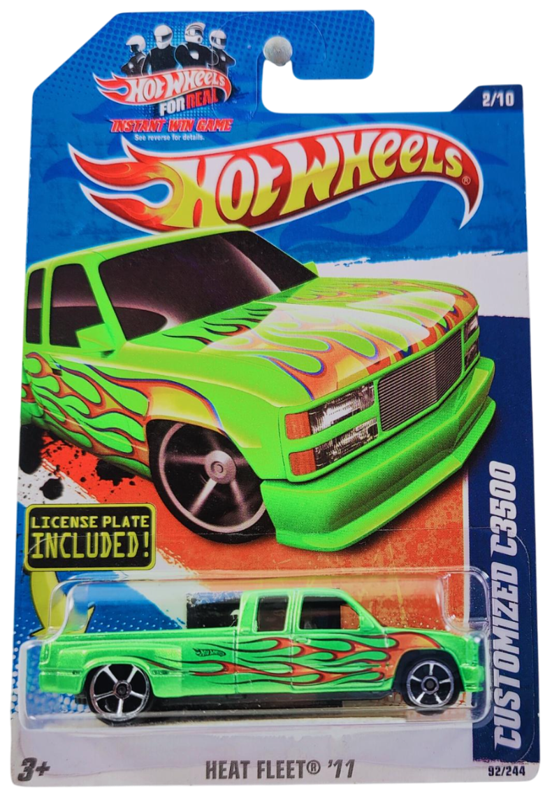 Hot Wheels 2011 - Collector # 092/244 - Heat Fleet 2/10 - Customized C3500 - Grass Green Metalflake - USA 'Instant Win' Card with License Plate
