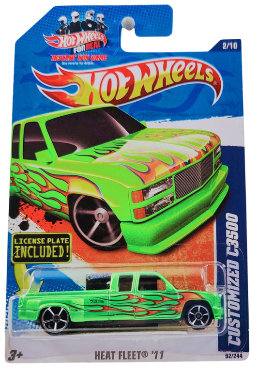 Hot Wheels 2011 - Collector # 092/244 - Heat Fleet 2/10 - Customized C3500 - Grass Green Metalflake - USA 'Instant Win' Card with License Plate