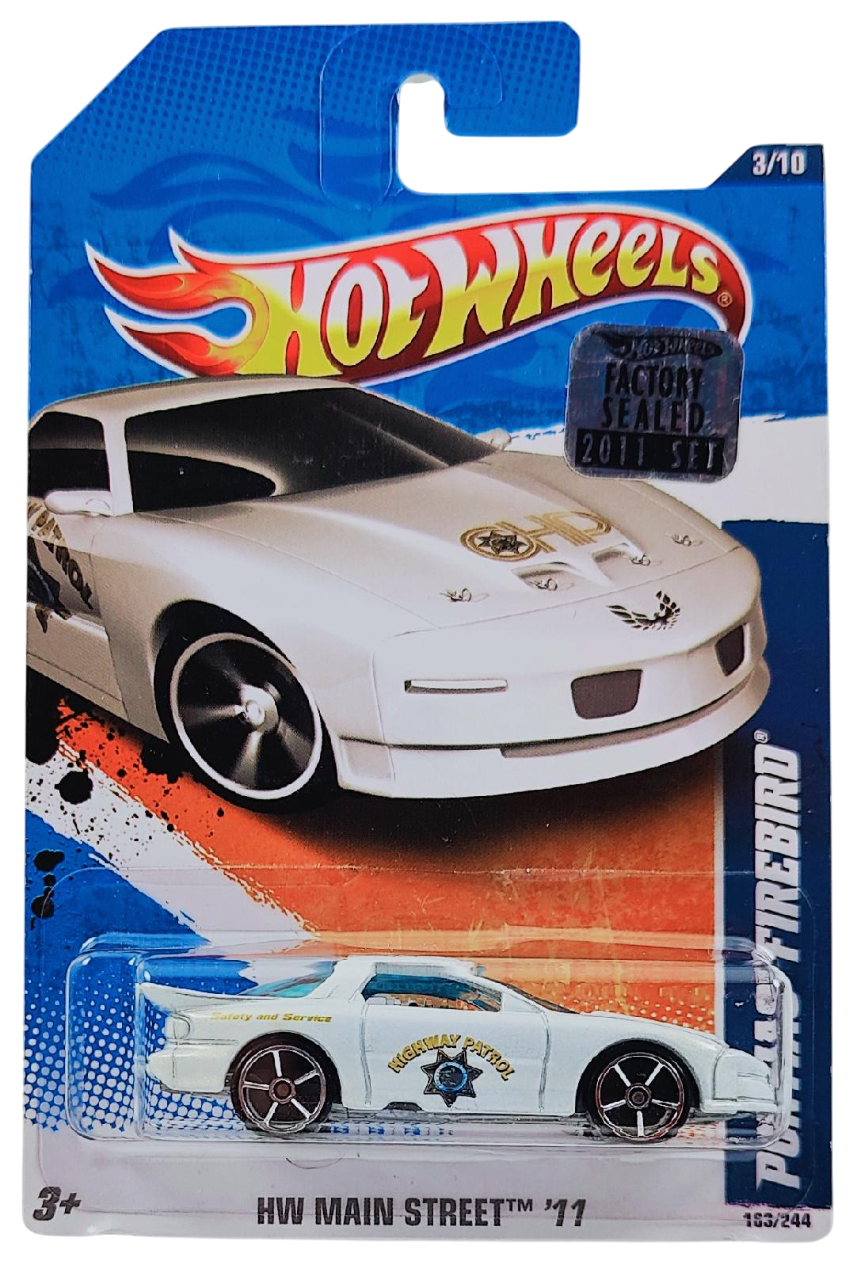 Hot White 2011 - Collector # 163/244 - HW Main Street 3/10 - Pontiac Firebird - White / Highway Patrol - USA Card with Factory Set Sticker