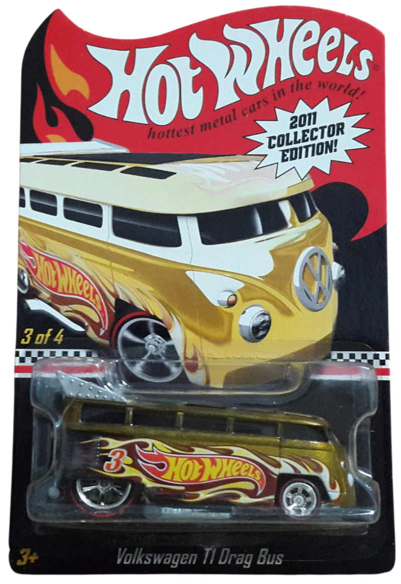 Hot Wheels 2011 - Collector Edition 3/4 - Volkswagen T1 Drag Bus - Spectraflame Gold etal/Metal & Real Riders - Bold Tilts Up - Kar Keeper