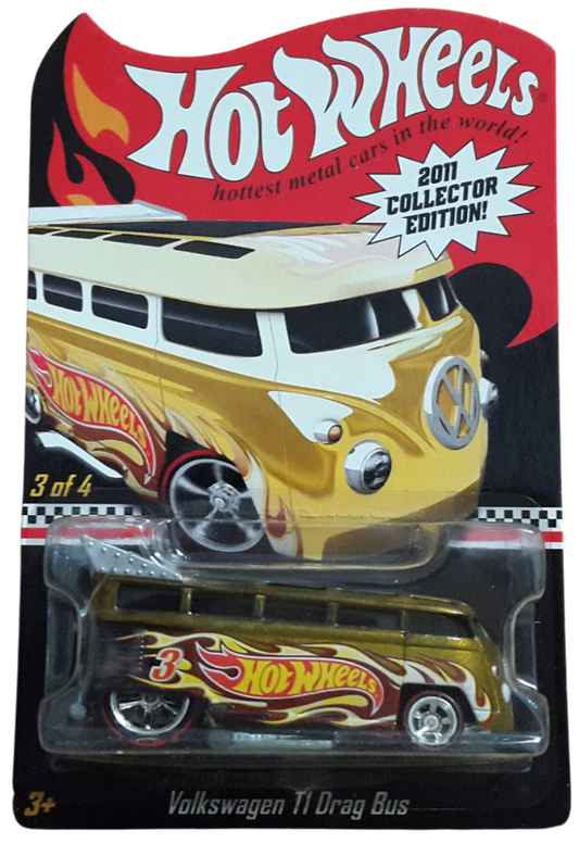 Hot Wheels 2011 - Collector Edition 3/4 - Volkswagen T1 Drag Bus - Spectraflame Gold etal/Metal & Real Riders - Bold Tilts Up - Kar Keeper
