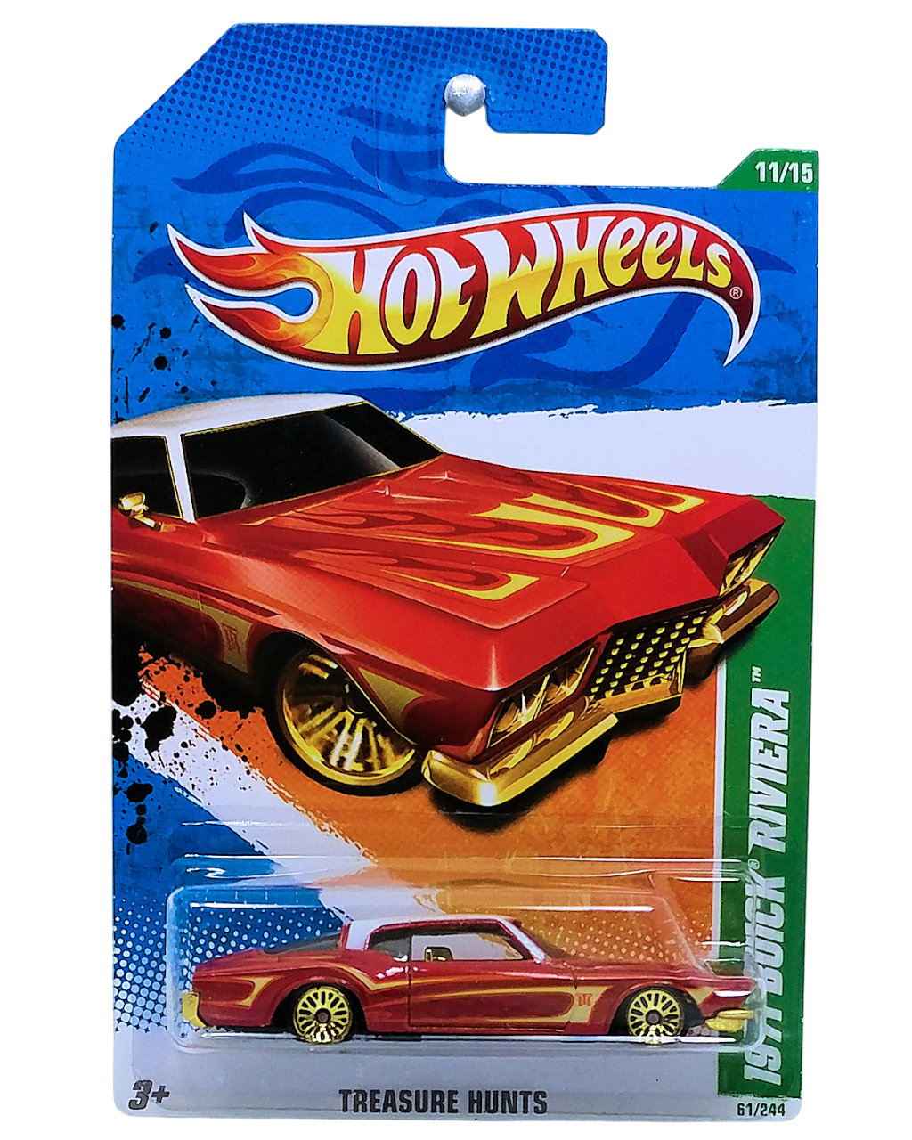 Hot Wheels 2011 - Collector # 061/244 - Treasure Hunts 11/15 - 1971 Buick Riviera - Metalflake Red with White Roof - Gold Lace Wheels - USA Card