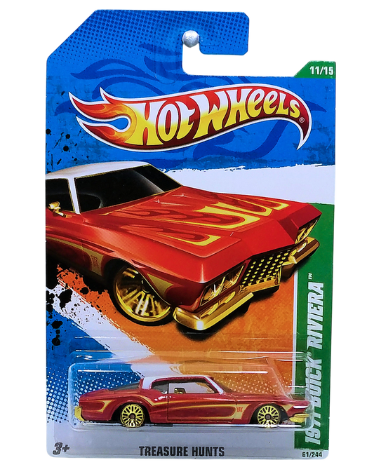 Hot Wheels 2011 - Collector # 061/244 - Treasure Hunts 11/15 - 1971 Buick Riviera - Metalflake Red with White Roof - Gold Lace Wheels - USA Card