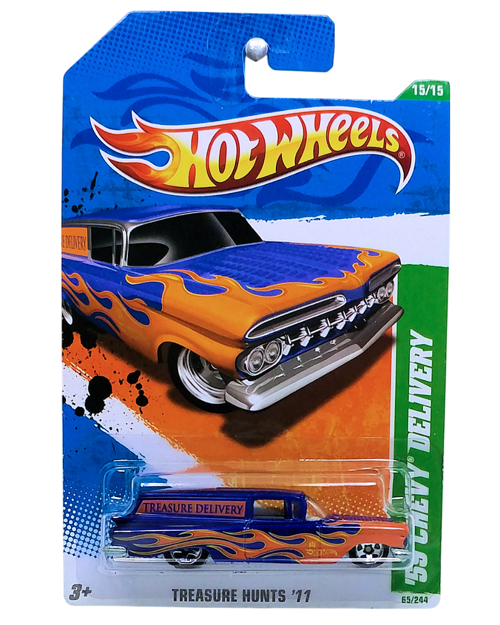 Hot Wheels 2011 - Collector # 065/244 - Treasure Hunts 15/15 - '59 Chevy Delivery - Dark Blue with Flames - 5 Spokes - Metal/Metal - USA Card