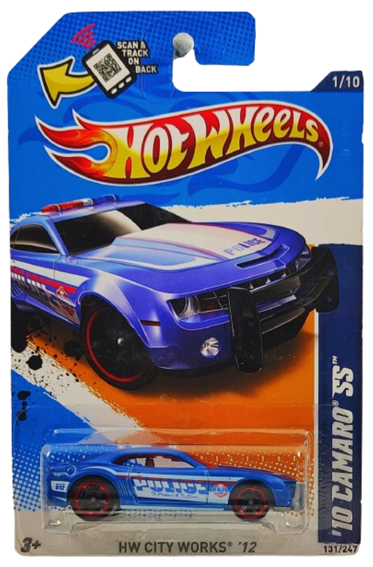 Hot Wheels 2012 - Collector # 131/247 - HW City Works 1/10 - '10 Camaro SS - Blue / Police - KMart Exclusive - USA Scan & Track Card