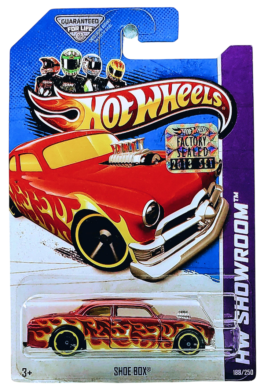 Hot Wheels 2013 - Collector # 188/250 - HW Showroom / American Turbo - Shoe Box - Red with Flames - USA Card with Factory Set Sticker