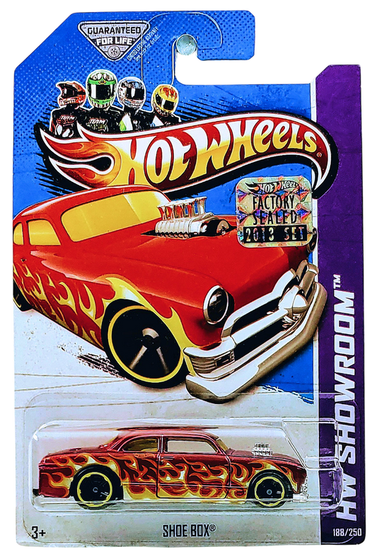 Hot Wheels 2013 - Collector # 188/250 - HW Showroom / American Turbo - Shoe Box - Red with Flames - USA Card with Factory Set Sticker