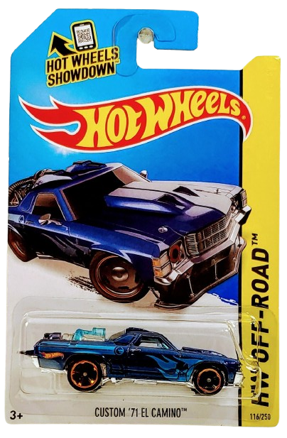 Hot Wheels 2014 - Collector # 116/250 - HW Off-Road / Hot Wheels Test Facility / Treasure Hunts - Custom '71 El Camino - Metalflake Blue / Circle Flame Logo on Sides - M5 Wheels - International Card