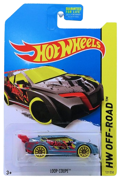 Hot Wheels 2014 - Collector # 121/250 - HW Off-Road / HW Daredevils / Treasure Hunts - Loop Coupe - Metalflake Gray / Circle Flame Logo on Rear Fender - Black 10 Spoke Wheels on Yellow Tires - USA Card