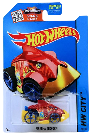 Hot Wheels 2015 - Collector # 038/250 - HW City / Street Beasts - Treasure Hunts - Piranha Terror - Red over Yellow / Circle Flame Logo on Sides - USA 'Showdown' Card