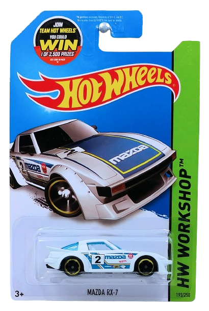 Hot Wheels 2015 - Collector # 193/250 - HW Workshop / Speed Team - Mazda RX-7 - White / #2 - MC5 Wheels - USA 'Instant Win' Card