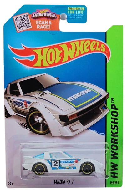 Hot Wheels 2015 - Collector # 193/250 - HW Workshop / Speed Team - Mazda RX-7 - White / #2 - MC5 Wheels - USA 'Showdown' Card