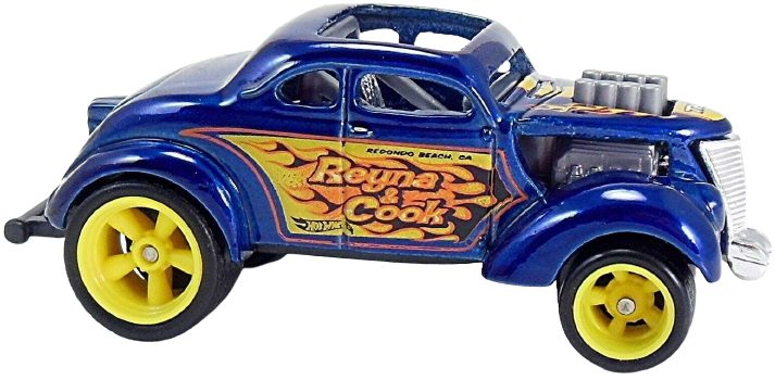 Hot Wheels 2015 - Collector # 209/250 - HW Workshop / Heat Fleet / SUPER Treasure Hunts - Pass'n Gasser - Spectraflame Blue / 'Reyna &amp; Cook' / Black &amp; Orange Flames - Yellow Real Rider 5 Spoke (RR5SP) Wheels - USA 'Scan & Race!' Card