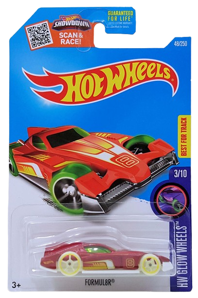 Hot Wheels 2016 - Collector # 048/250 - HW Glow Wheels 3/10 - Formul8r - Dark Red Metalflake / White - USA ‘Showdown’ Card