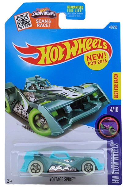 Hot Wheels 2016 - Collector # 049/250 - HW Glow Wheels 4/10 - New Models - Voltage Spike - Teal Body / Aqua / Black Base - USA ‘Showdown’ Card