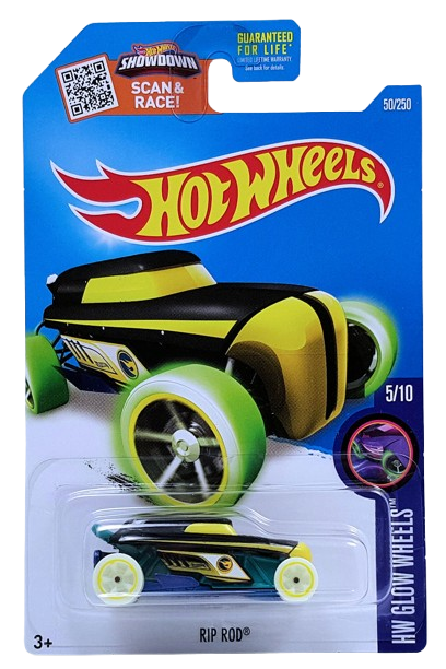 Hot Wheels 2016 - Collector # 050/250 - HW Glow Wheels 5/10 - Treasure Hunts - Rip Rod - Matte Black Body / Blue Base / Circle Flame Logo on Sides - USA ‘Showdown’ Card