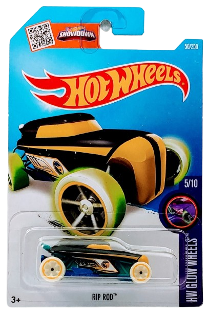 Hot Wheels 2016 - Collector # 050/250 - HW Glow Wheels 5/10 - Treasure Hunts - Rip Rod - Matte Black Body / Blue Base / Circle Flame Logo on Sides - International ‘Showdown’ Card