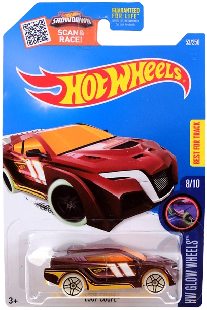 Hot Wheels 2016 - Collector # 053/250 - HW Glow Wheels 8/10 - Loop Coupe - Maroon Body / Yellow Base - USA ‘Showdown’ Card