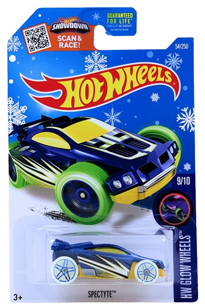Hot Wheels 2016 - Collector # 054/250 - HW Glow Wheels 9/10 - Spectyte - Blue Body / Yellow Base - USA ‘Showdown - Snowflake’ Card only at Target