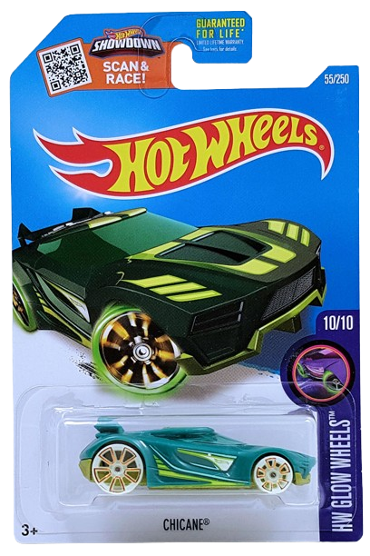 Hot Wheels 2016 - Collector # 055/250 - HW Glow Wheels 10/10 - Chicane -  Metalflake Sea Green Body / Green Base - USA ‘Showdown’ Card