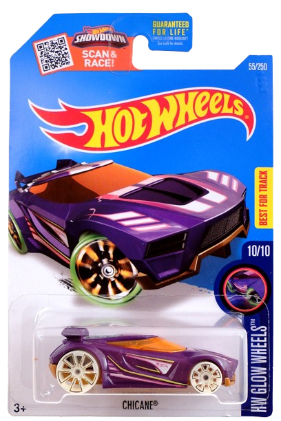 Hot Wheels 2016 - Collector # 055/250 - HW Glow Wheels 10/10 - Chicane -  Purple Body / Gold Base - USA ‘Showdown’ Card