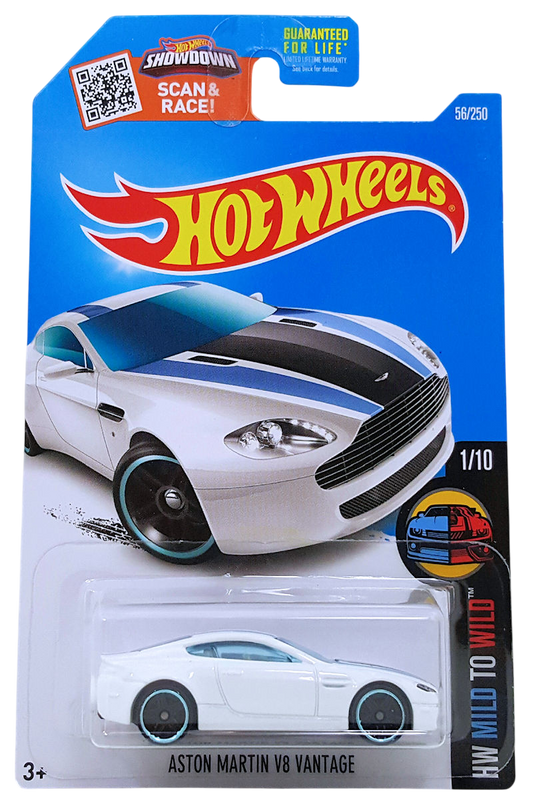 Hot Wheels 2016 - Collector # 056/250 - HW Mild to Wild 1/10 - Aston Martin V8 Vantage - White - PR5 Wheels - USA 'Showdown' Card