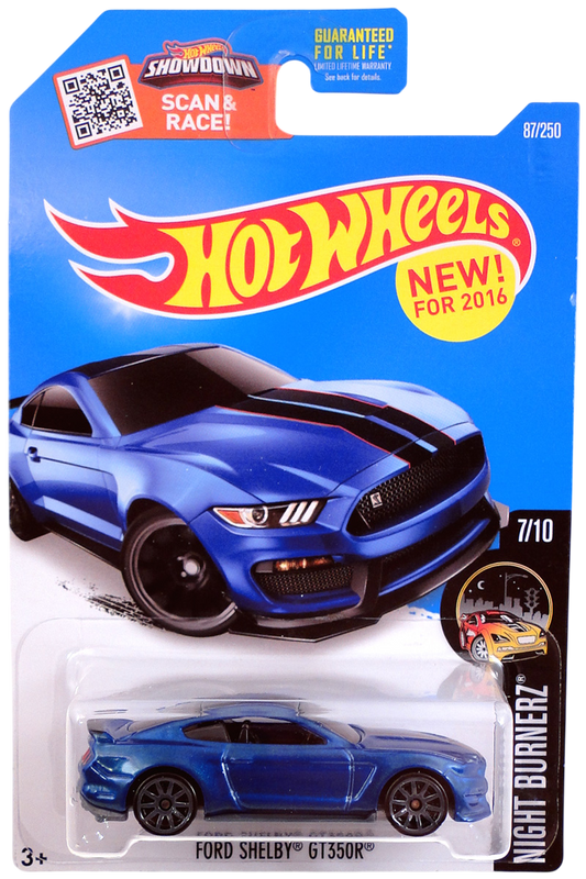 Hot Wheels 2016 - Collector # 087/250 - Night Burnerz 7/10 - New Models - Ford Shelby GT350R - Metalflake Blue - Gray 10 Spokes - USA 'Showdown' Card