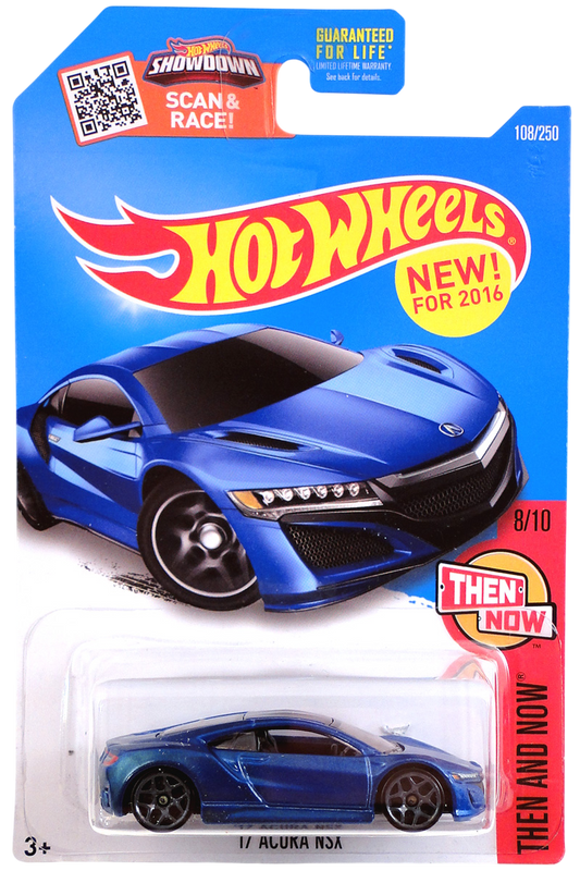 Hot Wheels 2016 - Collector # 108/250 - Then and Now 8/10 - New Models - '17 Acura NSX - Metalflake Blue - Gray Y5 Wheels - USA 'Showdown' Card