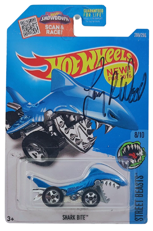 Hot Wheels 2016 - Collector # 208/250 - Street Beasts 8/10 - New Models - Shark Bite - Blue - USA Card signed by 'Larry Wood'
