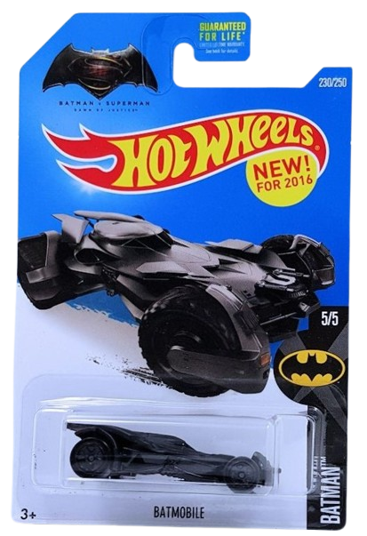Hot Wheels 2016 - Collector # 230/250 - Batman 5/5 - New Models - Batmobile (Batman vs Superman) - Matte Black - Black Windshield - USA 'Batman vs Superman' Card