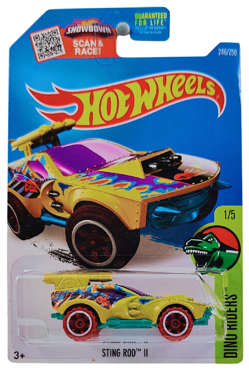 Hot Wheels 2016 - Collector # 246/250 - Dino Riders 1/5 - Treasure Hunts - Sting Rod II - Yellow / Circle Flame Logo on Hood - USA Card