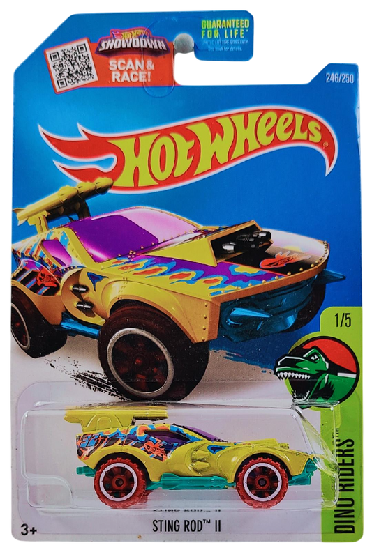 Hot Wheels 2016 - Collector # 246/250 - Dino Riders 1/5 - Treasure Hunts - Sting Rod II - Yellow / Circle Flame Logo on Hood - USA Card