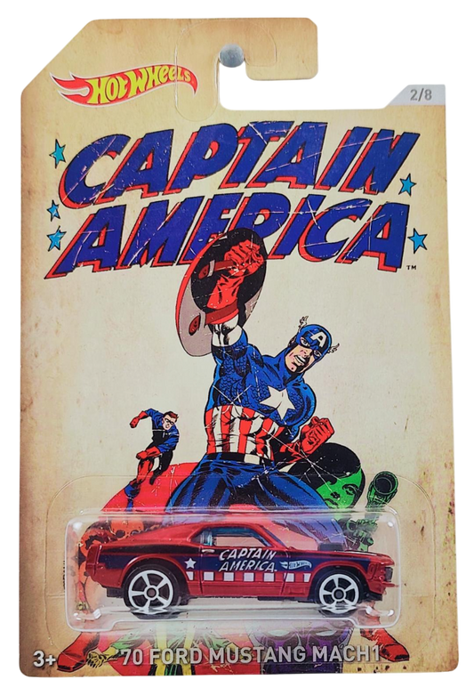 Hot Wheels 2016 - Theme / 75th Anniversary Captain America 2/8 - '70 Ford Mustang Mach 1 - Red - Walmart Exclusive - Special Blister Card