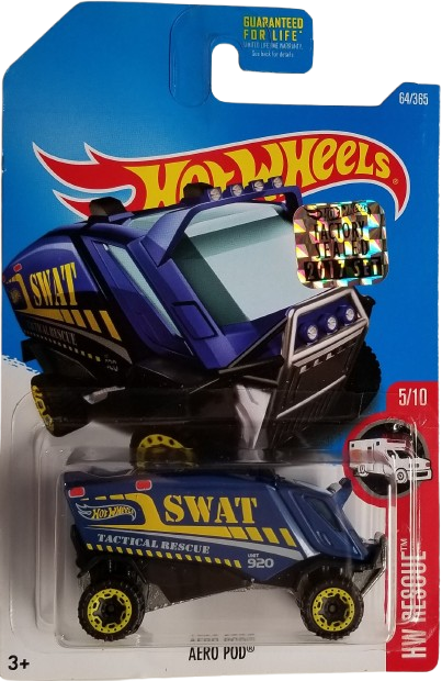 Hot Wheels 2017 - Collector # 064/365 - HW Rescue 5/10 - Aero Pod - Blue / SWAT - USA Card with Factory Set Sticker
