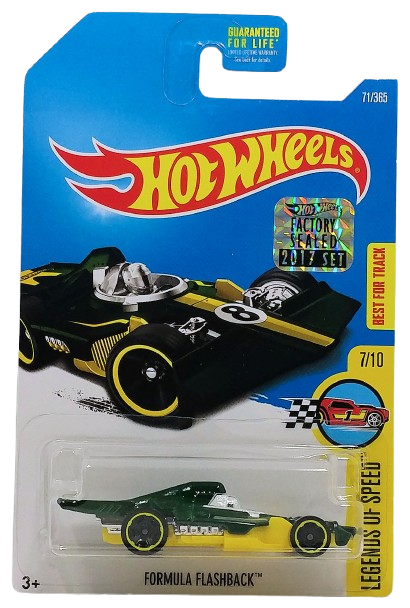 Hot Wheels 2017 - Collector # 071/365 - Legends of Speed 7/10 - Formula Flashback - Dark Green & Yellow - USA Card with Factory Set Sticker