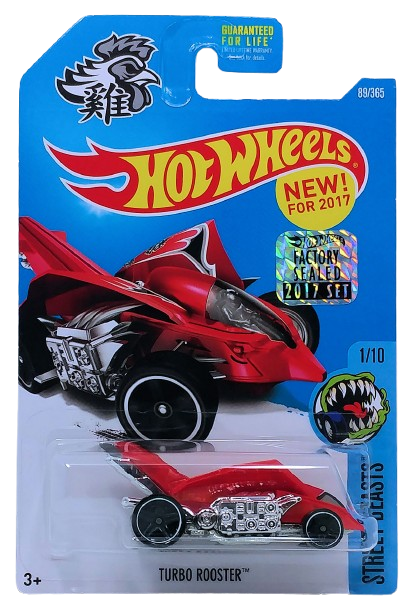 Hot Wheels 2017 - Collector # 089/365 - Street Beasts 1/10 - New Models - Turbo Rooster - Red - USA 'The Year of the Rooster' Card with Factory Set Sticker