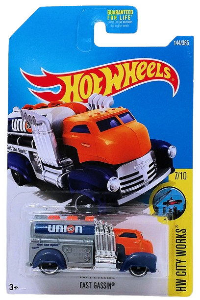 Hot Wheels 2017 - Collector # 144/365 - HW City Works 7/10 - Fast Gassin - Orange Cab / Dark Blue Fenders / Gray Tank with 'Union 76' - DD8 Wheels - USA Card