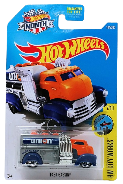 Hot Wheels 2017 - Collector # 144/365 - HW City Works 7/10 - Fast Gassin - Orange Cab / Dark Blue Fenders / Gray Tank with 'Union 76' - 5 Spoke Wheels - USA 'Month' Card a Walmart Exclusive