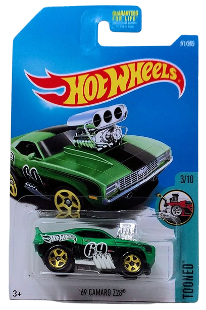 Hot Wheels 2017 - Collector # 171/365 - Tooned 3/10 - '69 Camaro Z28 - Satin Green / #69 - USA Card