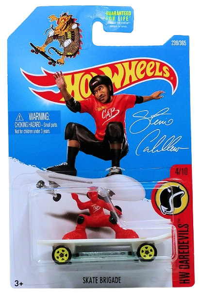 Hot Wheels 2017 - Collector # 239/365 - HW Daredevils 4/10 - Skate Brigade - White Board / Red Figure - USA 'Steve Caballero' Card