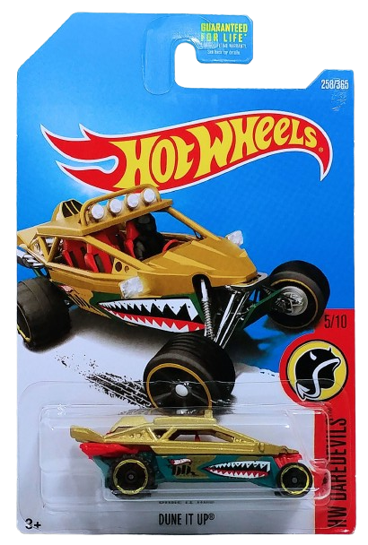 Hot Wheels 2017 - Collector # 258/365 - HW Daredevils 5/10 - Dune It Up - Gold / Shark Teeth - USA 'Steve Caballero' Card