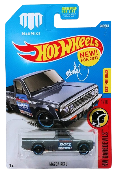 Hot Wheels 2017 - Collector # 286/365 - HW Daredevils 1/10 - New Models - Mazda Repu - Flat Dark Gray / 'Mazda' - USA 'Mad Mike' Card