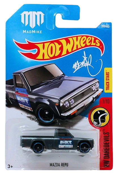 Hot Wheels 2017 - Collector # 286/365 - HW Daredevils 1/10 - New Models - Mazda Repu - Flat Dark Gray / 'Mazda' - International 'Mad Mike' Card