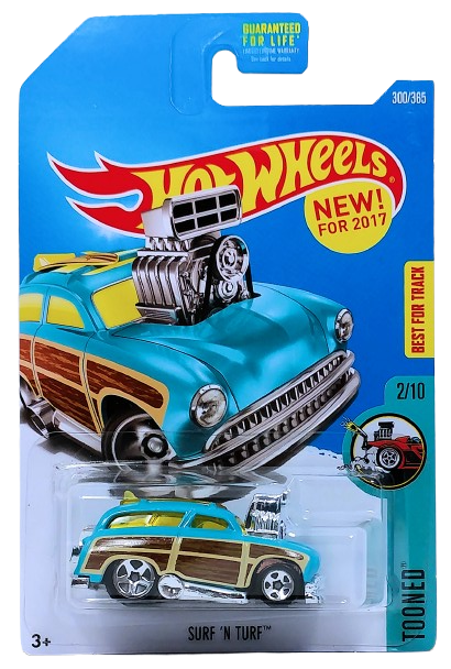 Hot Wheels 2017 - Collector # 300/365 - Tooned 2/10 - New Models - Surf 'N Turf (Woodie) - Aqua / Surf Board on Roof - USA Card